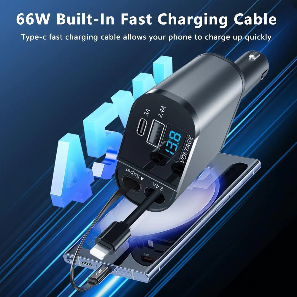 Retractable Car Charger 4 in 1 Fast Car Phone Charger 120W With USB Type C Cable