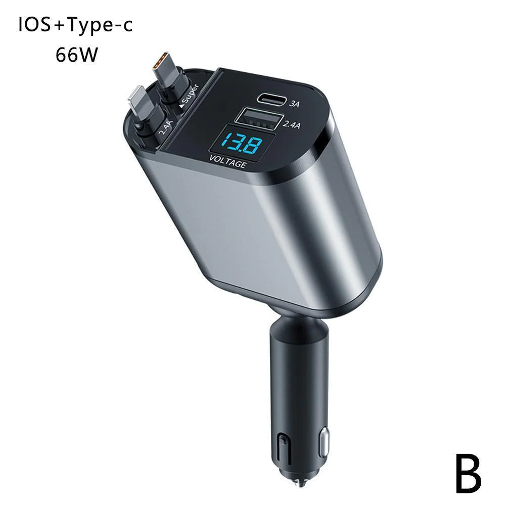 Retractable Car Charger 4 in 1 Fast Car Phone Charger 120W With USB Type C Cable
